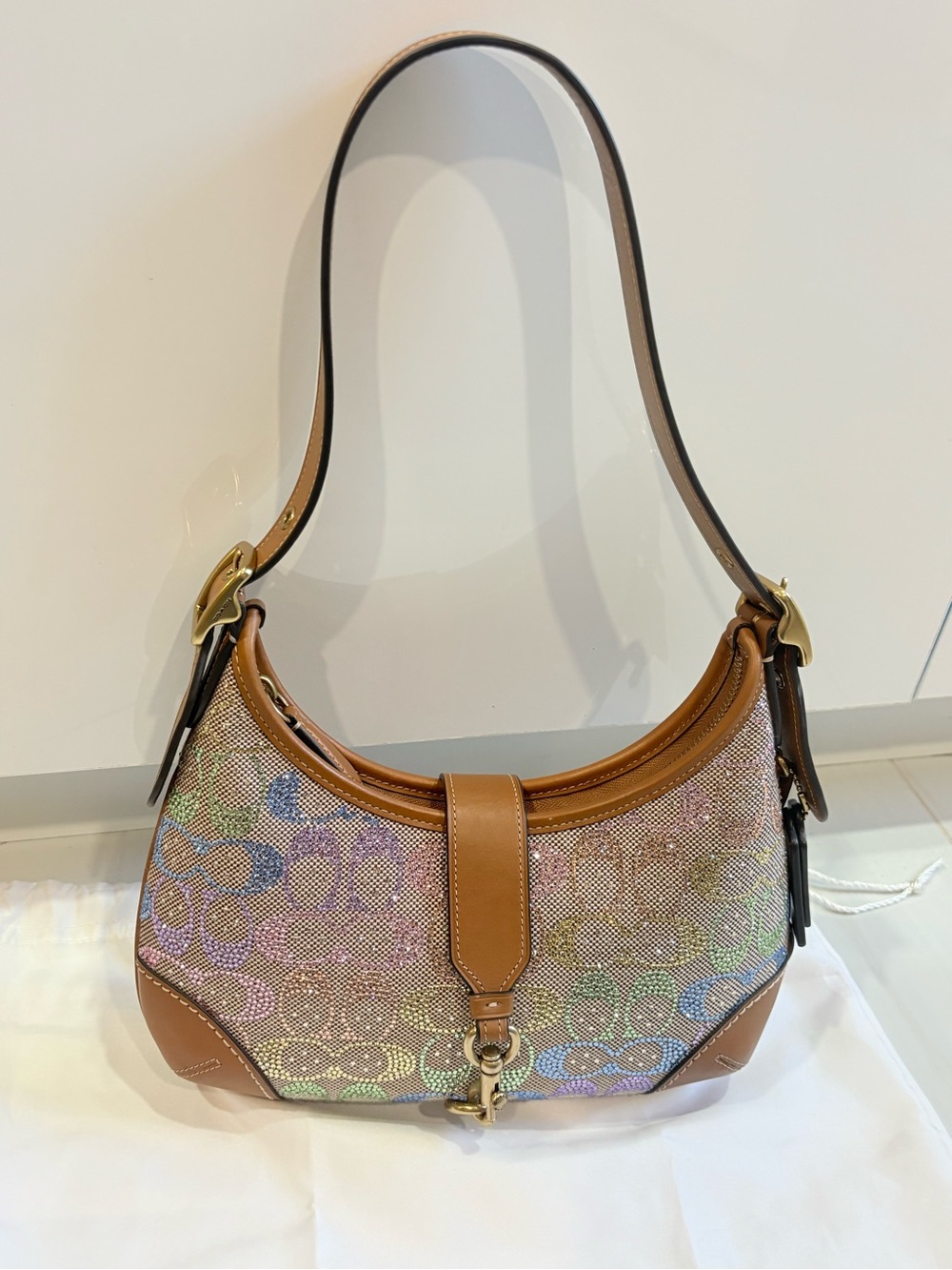Coach Iridescent Signature Canvas Shoulder Bag with Tan Leather Trim